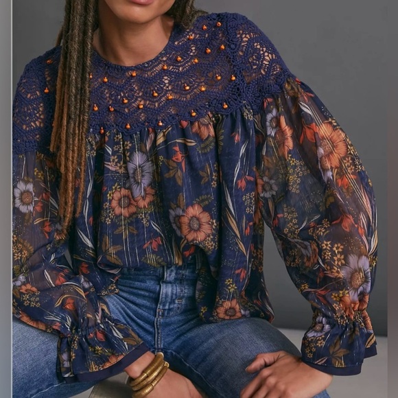 Anthro Mynah’s Reynu Taandon Cristy Crochet Blouse Floral Multicolor Boho XS NWT - Picture 1 of 11